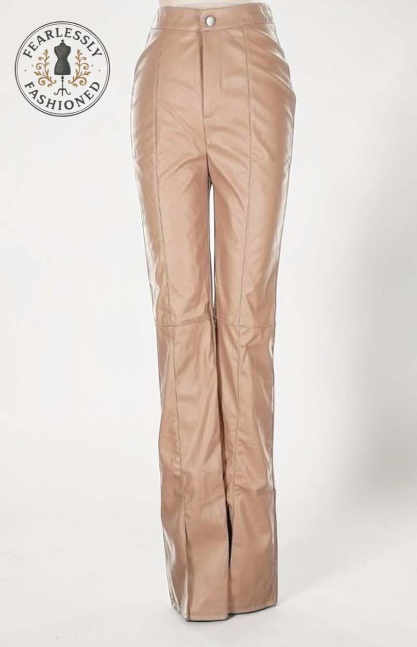 Missguided + High-Waist Faux Leather Flared Pants in Camel
